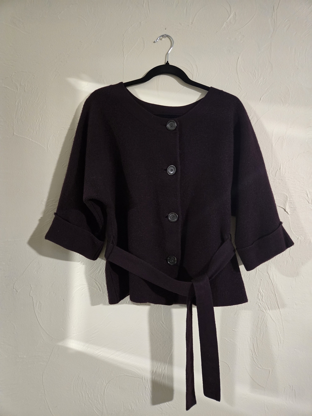 Women's Button-Front Belted Sweater Jacket — Dark Plum 100% Wool